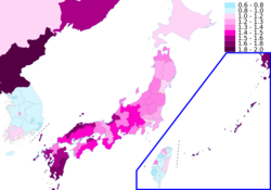 東アジアの合計特殊出生率(2021年)。色の濃い地域が九州中四国地方に、色の薄い地域が東日本を中心に広がる。