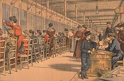 1900年パリの電話局にて業務中の女性交換手