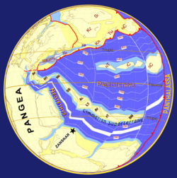 パンゲア大陸と古テチス海の配置図