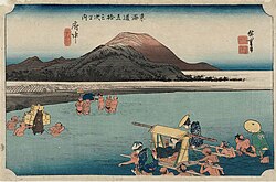 歌川広重の浮世絵に描かれた府中宿安倍川の様子