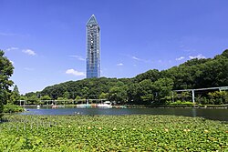 東山公園の上池から望む東山スカイタワー