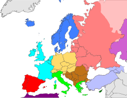 ザ・ワールド・ファクトブックによるヨーロッパの地域の分類地図