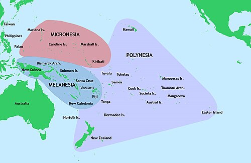 メラネシア、ミクロネシア、ポリネシアの分布を示す図