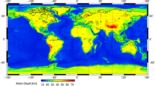 モホロビチッチ不連続面の位置を示す世界地図