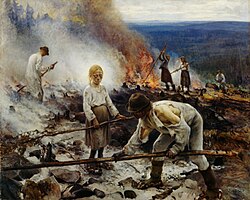 焼き畑を行う農民を描いた絵画。エーロ・ヤルネフェルト作