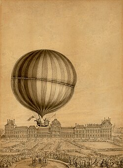 ジャック・シャルルとニコラ=ルイ・ロベールの1783年12月1日の初飛行の様子