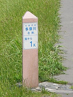 多摩川河口から1kmを示す距離標