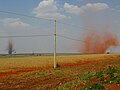 畑地で塵旋風が発生し赤土を巻き上げている