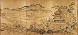 洞庭湖と岳陽楼を描いた楼閣山水図