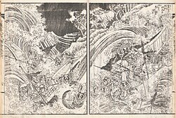 葛飾為斎による神風によって海没する元軍の図