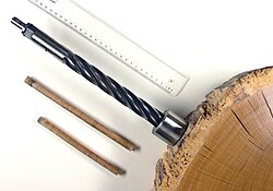 樹木の幹を円筒状にくりぬき、年輪の幅を測定する様子