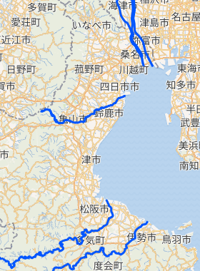 伊勢平野周辺の河川と海岸線を表す地図
