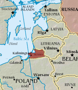 北からエストニア、ラトビア、リトアニア、ロシアの飛び地カリーニングラード州、ポーランドの位置図