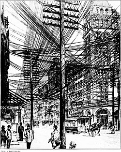 電話が爆発的に普及していった時代の電話用架線の様子(1910年ころ。アメリカ)
