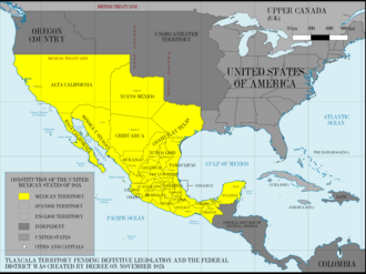 1824年のメキシコ。アルタ・カリフォルニアは領土の最北西に位置する。