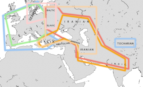 紀元前500年頃のインド・ヨーロッパ語族の諸語分布境界を示す図