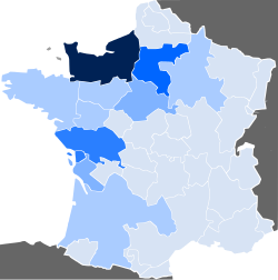 17世紀のフランスからのヌヴェル・フランスへの移民の出身地域を示す図。