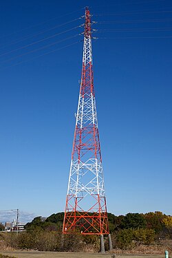 紅白塗装送電鉄塔の内部