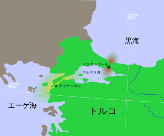 エーゲ海と黒海とトルコの海峡の位置を示す地図