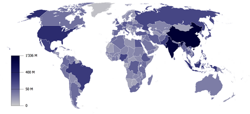 世界各国の人口分布(100万人単位)