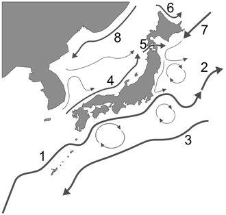 日本列島近海の海流分布図
